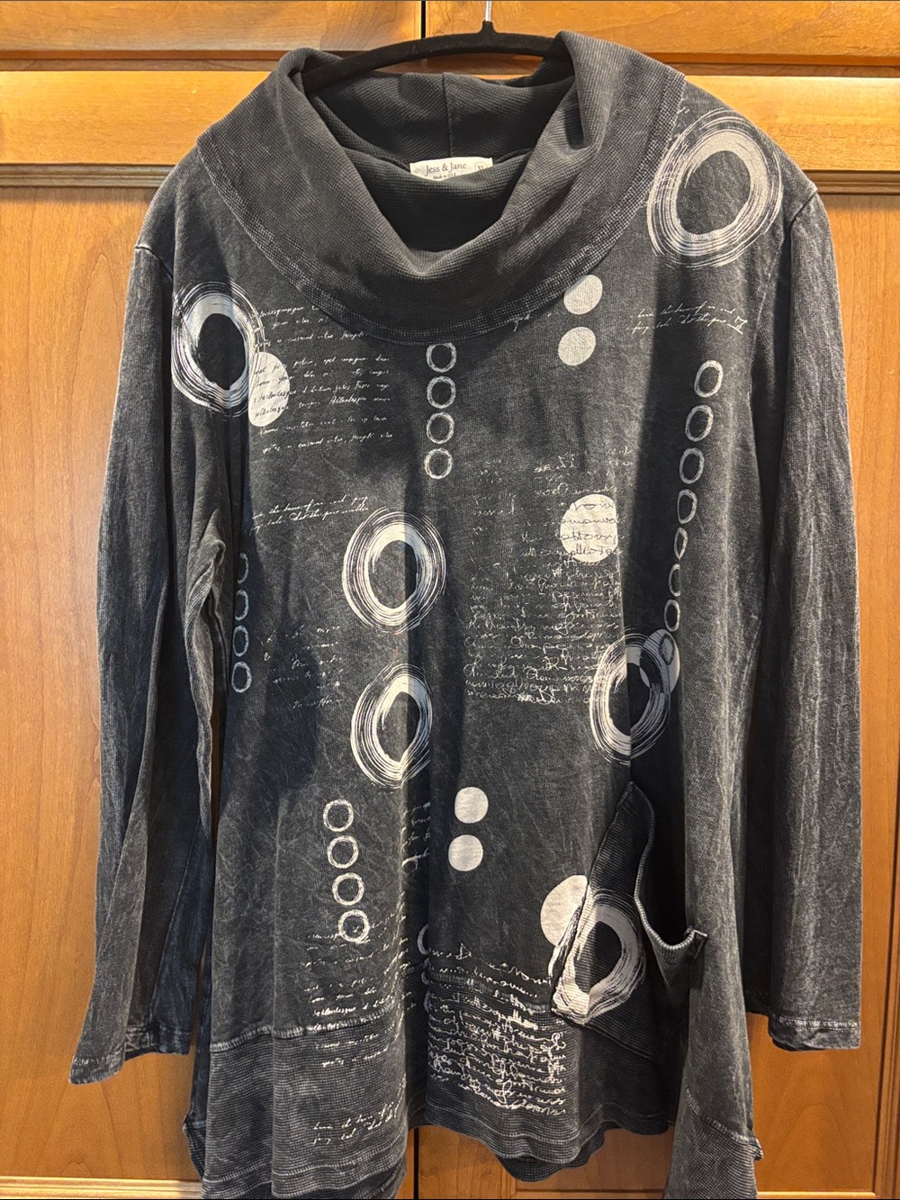 Joan Vass Charcoal Gray Long-Sleeve Cowl Neck Tee with Graphic Print